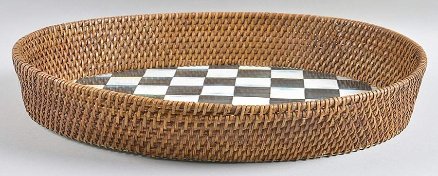 Courtly Check (Enamelware) 15" Oval Rattan Serving Tray by MacKenzie-Childs-1