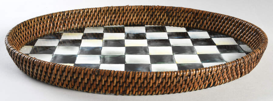 Courtly Check (Enamelware) 15" Oval Metal & Rattan Tray by MacKenzie-Childs-1