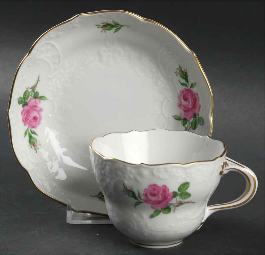 Rose Pink (Embossed) Footed Cup & Saucer Set by Meissen (Germany)-1