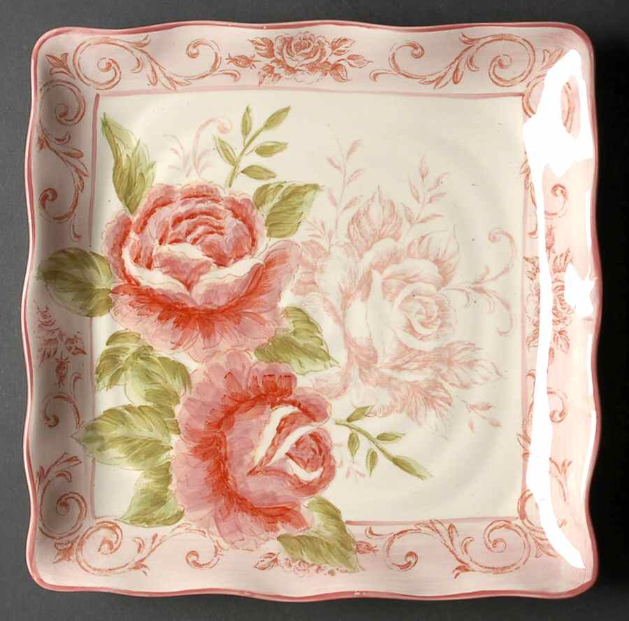 Victorian Toile Rose Square Dinner Plate by Maxcera Corp-1