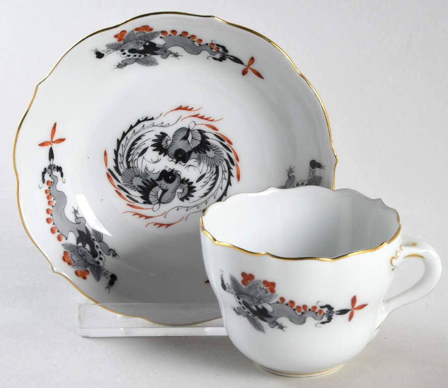 Dragon Black (Red Dot Accent) Flat Demitasse Cup & Saucer Set by Meissen (Germany)-1