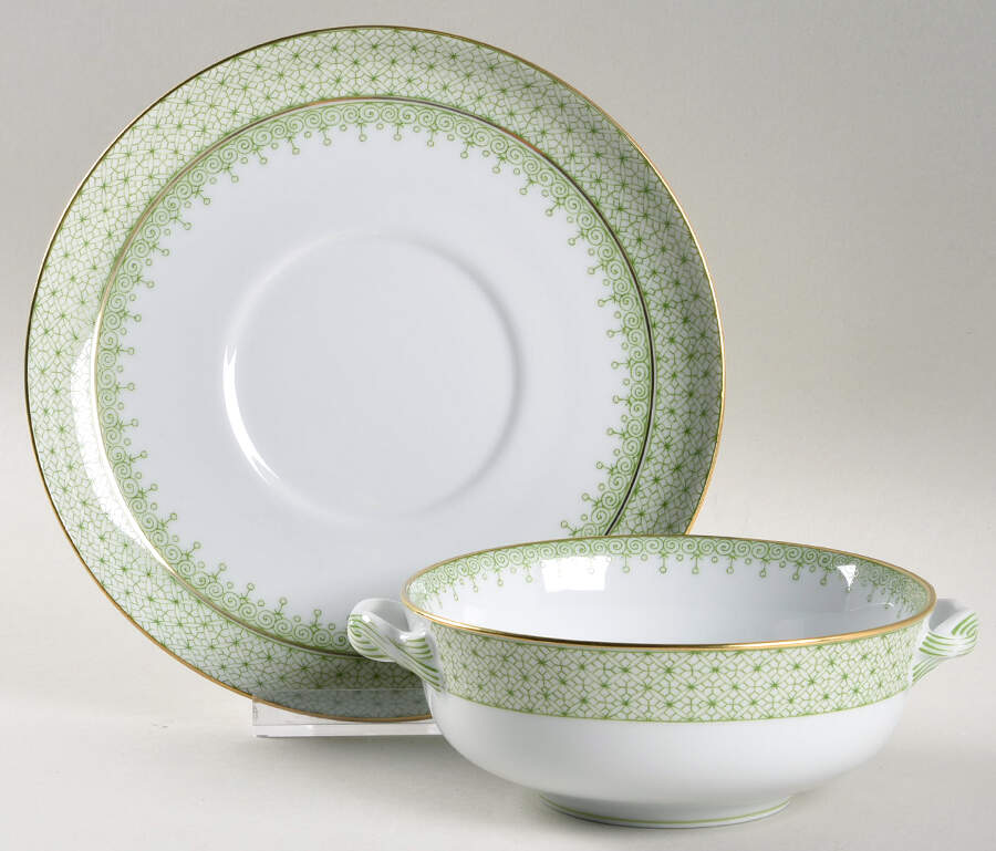 Green Apple Lace Flat Cream Soup Bowl & Saucer Set by Mottahedeh-1