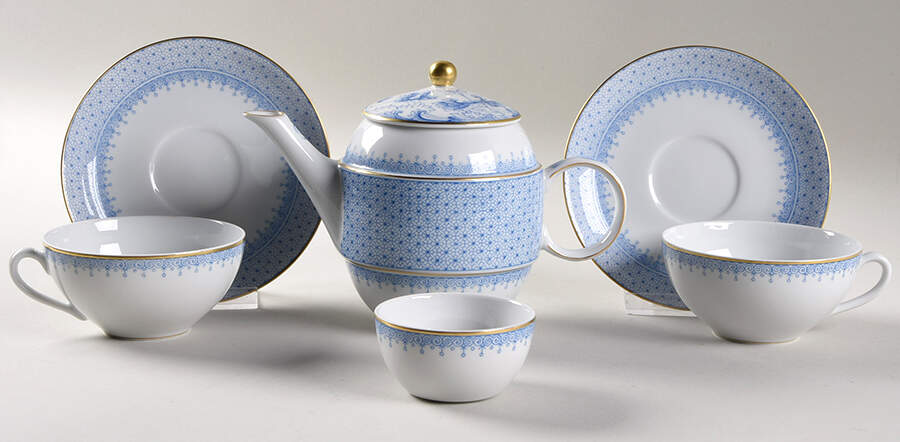 Cornflower Blue Lace Tea for Two (Teapot, 2 Cup/Saucer, Tea Bag Holder) by Mottahedeh-1