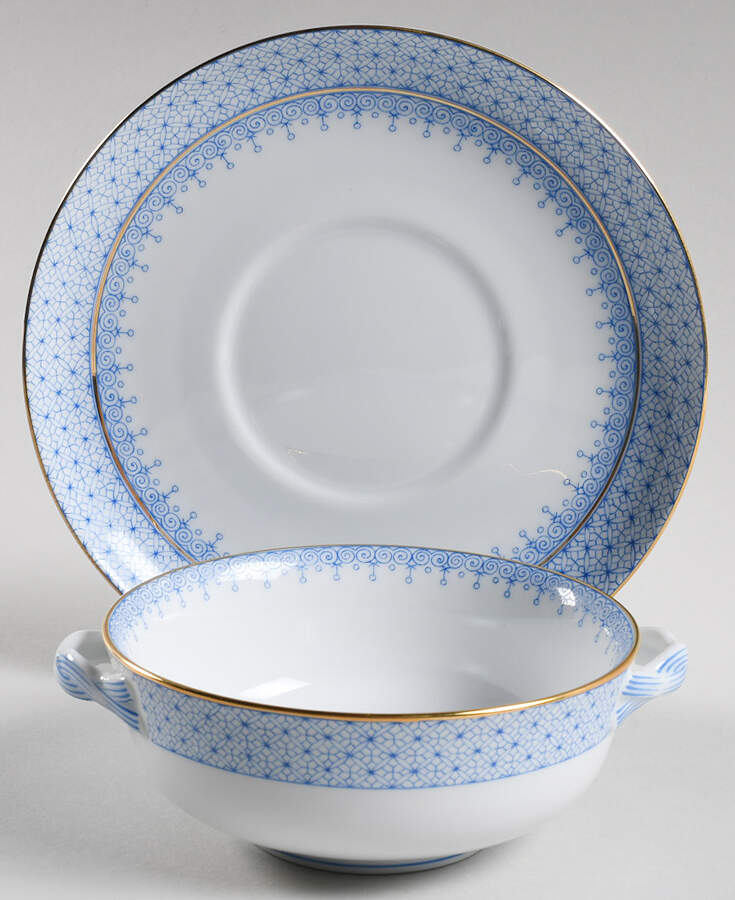Cornflower Blue Lace Flat Cream Soup Bowl & Saucer Set by Mottahedeh-1
