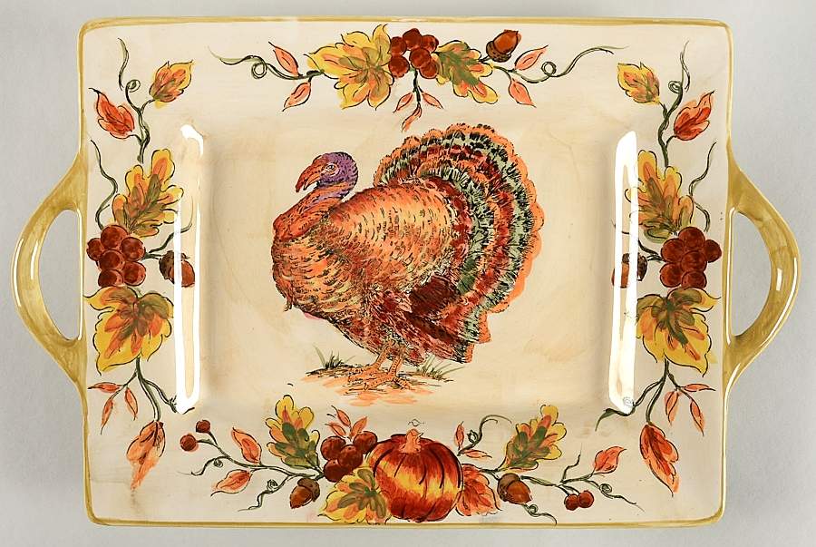 Acorns & Turkey 15" Rectangular Handled Serving Platter by Maxcera Corp-1