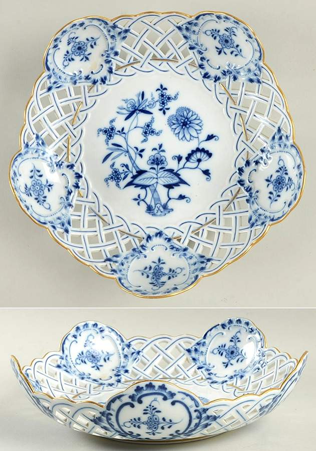 Blue Onion (Gold Trim, Oval Stamp) 9" Pierced Round Bowl by Meissen (Germany)-1