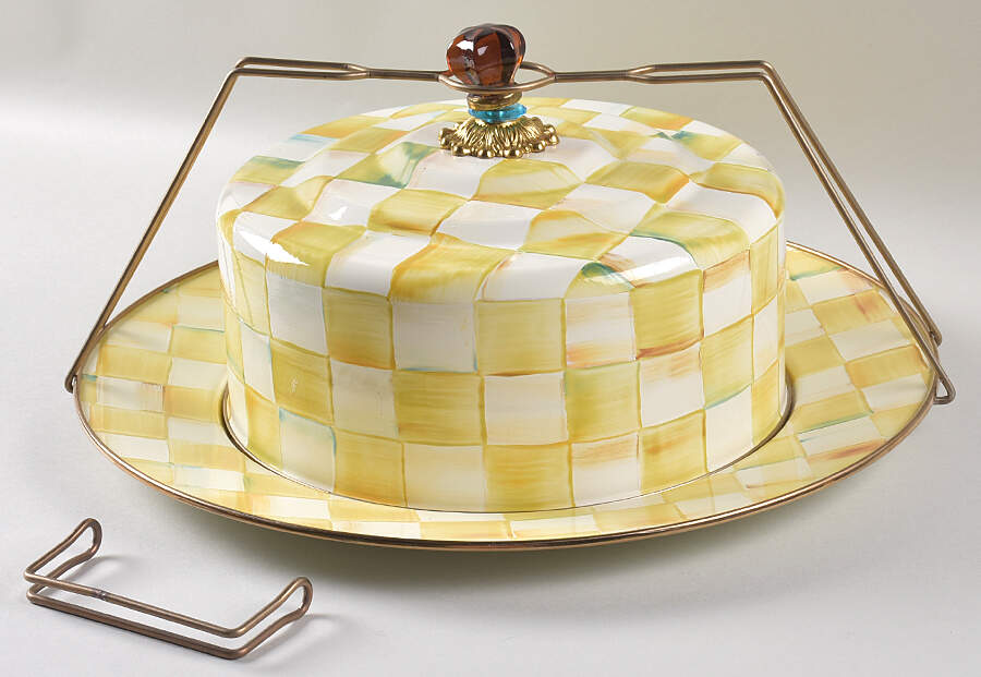 Parchment Check (Enamelware) Metal Cake Safe (16" Chop/Round Platter) & Lid with Carrier Handle by MacKenzie-Childs-1