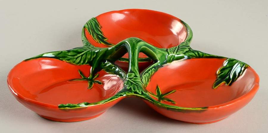 Tomato 3-Part Relish with Center Ceramic Handle by Maruhon Ware (Japan)-1