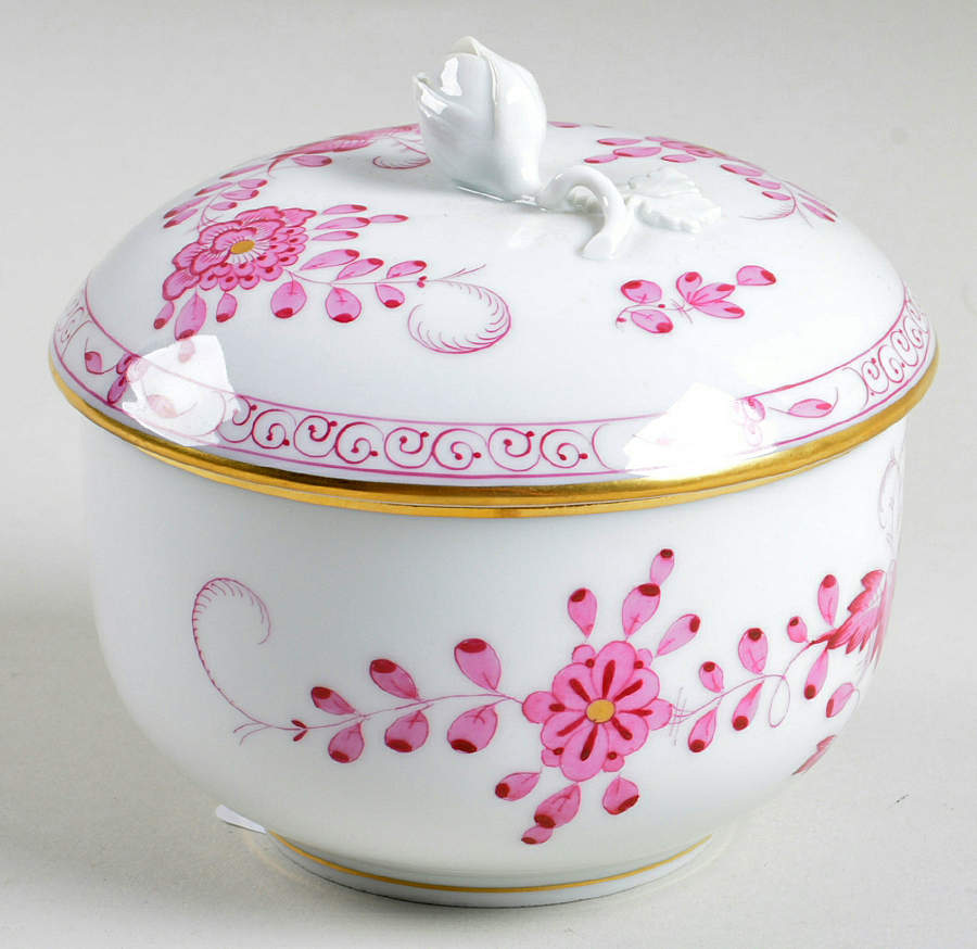 Indian Painting Pink Sugar Bowl & Lid by Meissen (Germany)-1