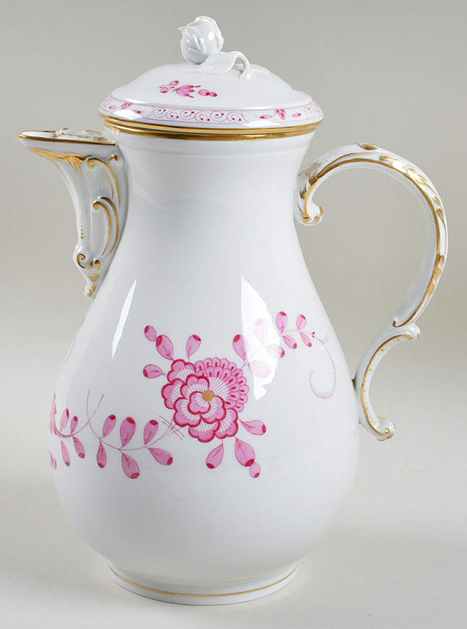 Indian Painting Pink Coffee Pot & Lid by Meissen (Germany)-1