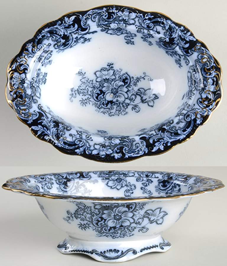 Ormonde  Flow Blue (Gold Accents) 8" Oval Vegetable Bowl by Alfred Meakin-1
