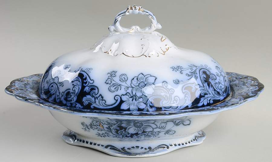 Ormonde  Flow Blue (Gold Accents) Oval Covered Vegetable by Alfred Meakin-1