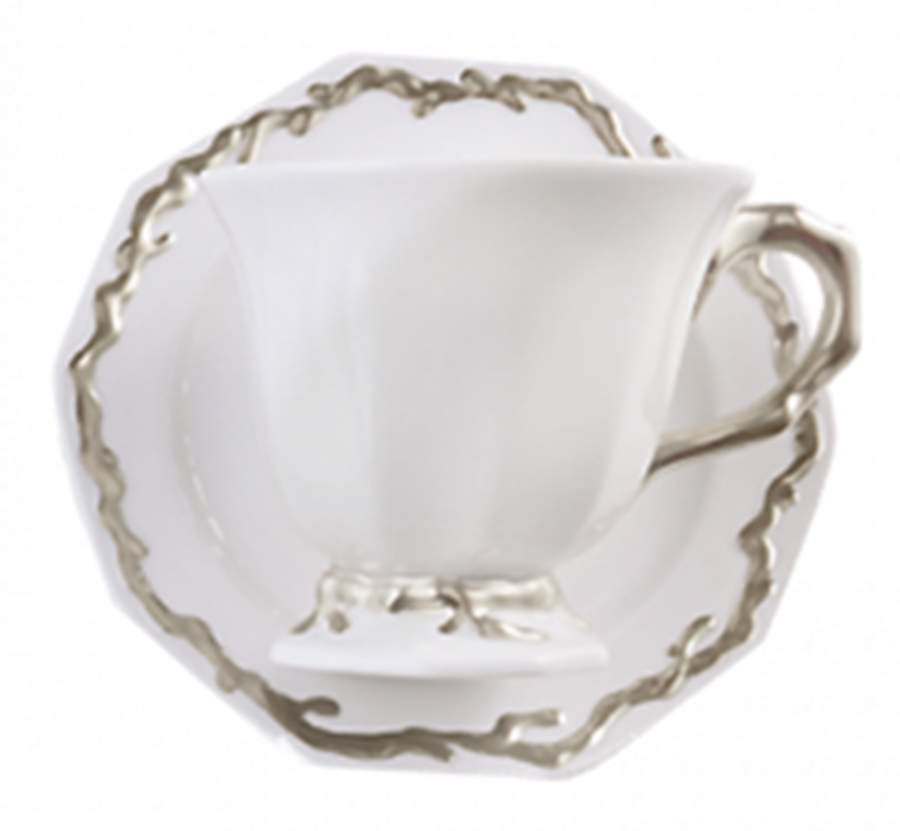 Barriera Corallina Platinum Footed Cup & Saucer Set by Mottahedeh-1