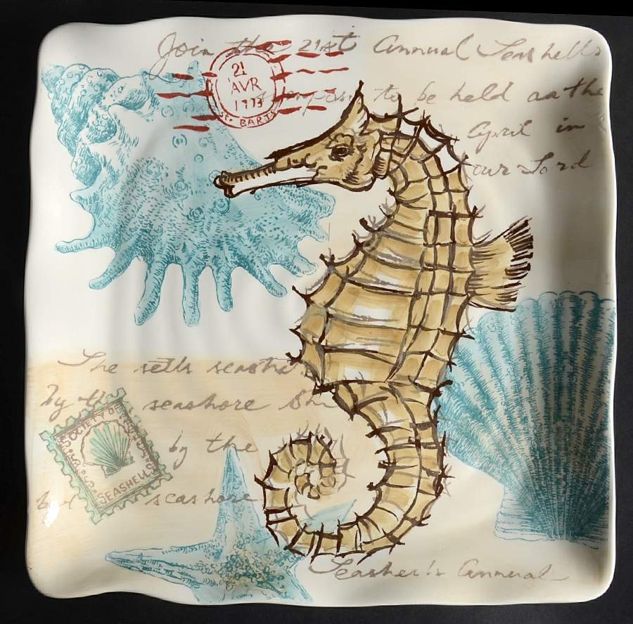 Stamp Seahorse Square Dinner Plate by Maxcera Corp-1
