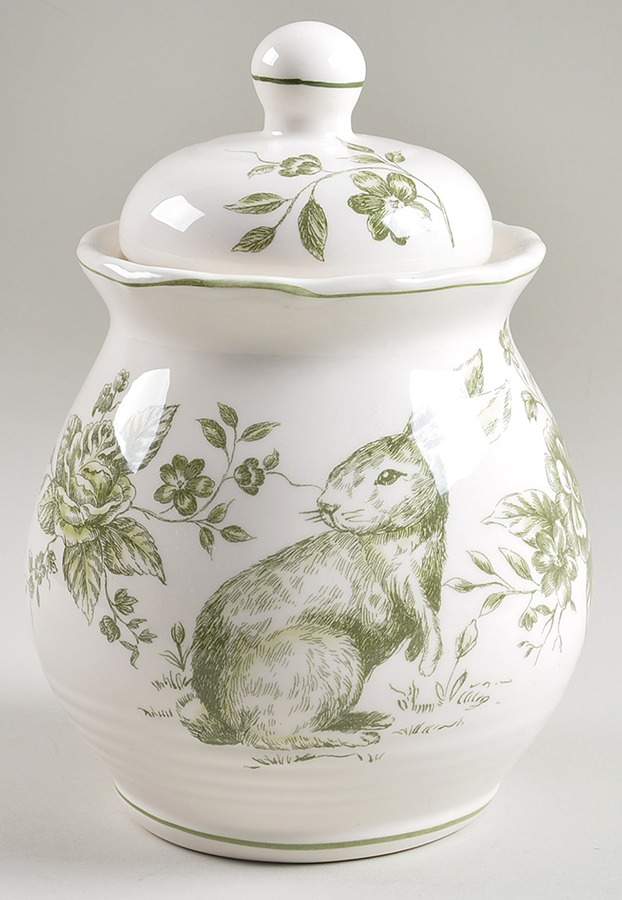 Green and White Toile Medium Canister & Lid by Maxcera Corp-1