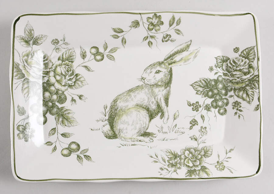 Green and White Toile 12" Rectangular Serving Platter by Maxcera Corp-1