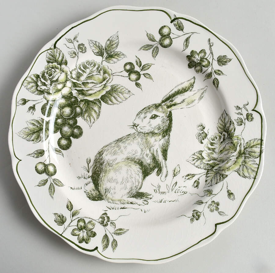 Green and White Toile Large Dinner Plate by Maxcera Corp-1