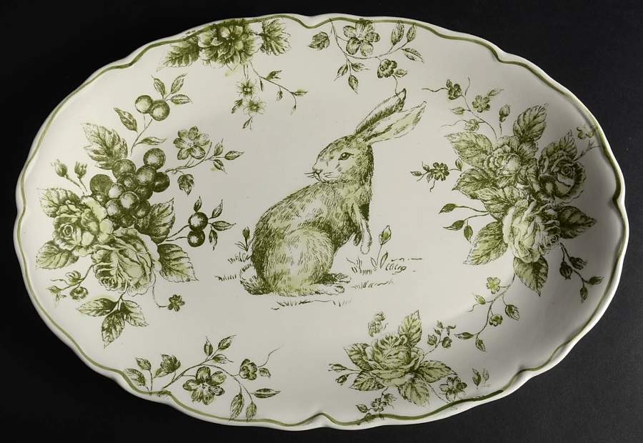 Green and White Toile 14" Oval Serving Platter by Maxcera Corp-1