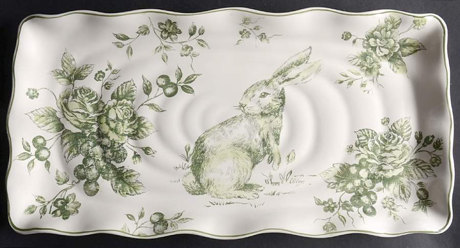 Green and White Toile 17" Rectangular Serving Platter by Maxcera Corp-1
