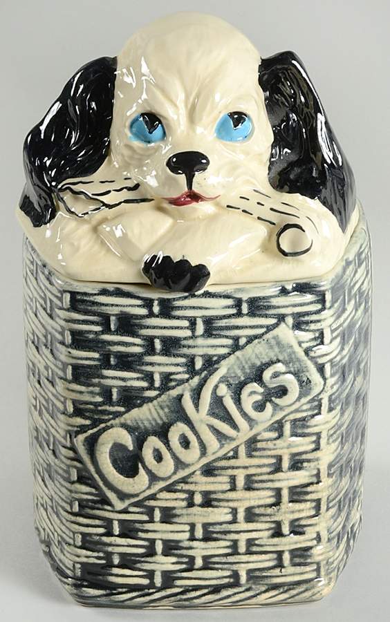 Dog on Basketweave Cookie Jar & Lid by Nelson McCoy-1