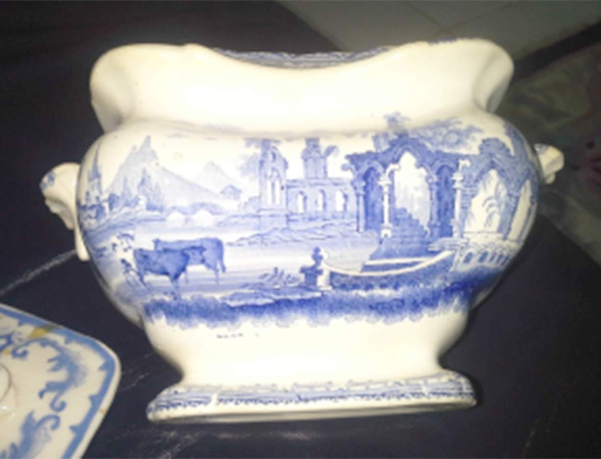 Abbey Ruins Blue Sugar Bowl & Lid by T J & J Mayer (England)-1