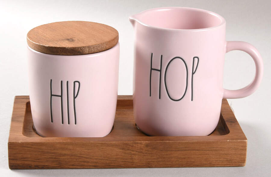 Farmhouse (4 Piece) Creamer & Sugar w/ Wood Lid & Wood Tray by Magenta-1