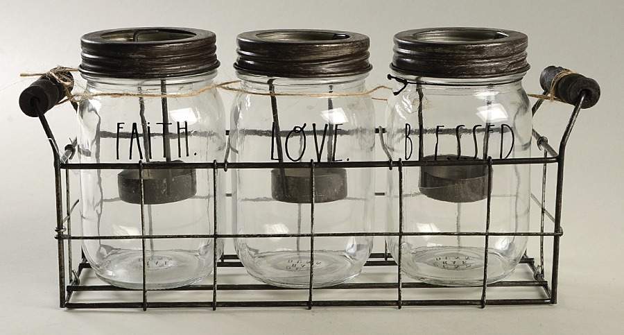 Farmhouse Tea Light Set (3 Glass Jars & Metal Holder) by Magenta-1