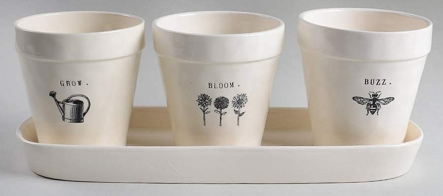 Rae Dunn Giftware Planter Set (3) 4" Motif Planters (7-9) & Tray by Magenta-1