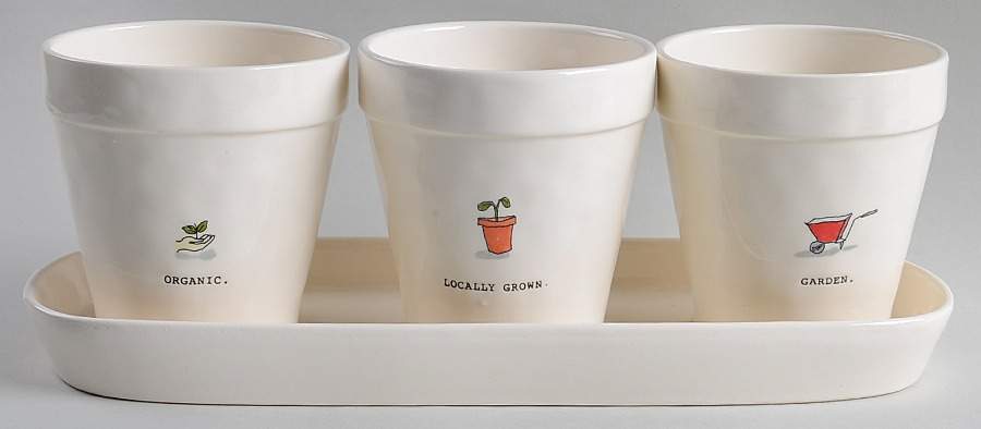 Rae Dunn Giftware Planter Set (3) 4" Motif Planters (4-6) & Tray by Magenta-1