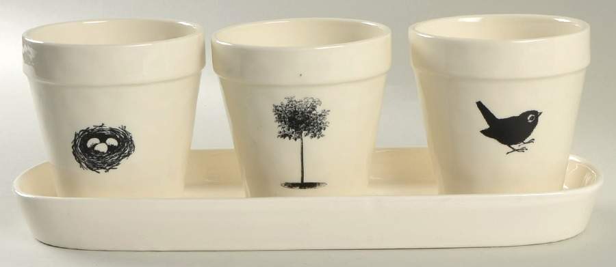 Rae Dunn Giftware Planter Set (3) 4" Motif Planters (16-18) & Tray by Magenta-1