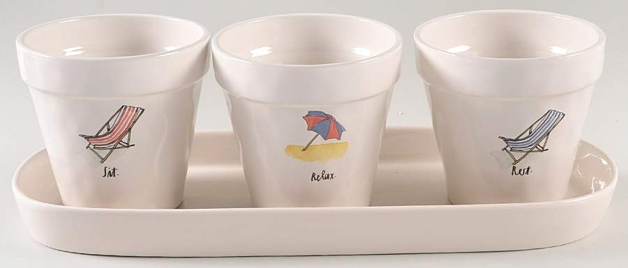 Rae Dunn Giftware Planter Set (3) 4" Motif Planters (19-21) & Tray by Magenta-1