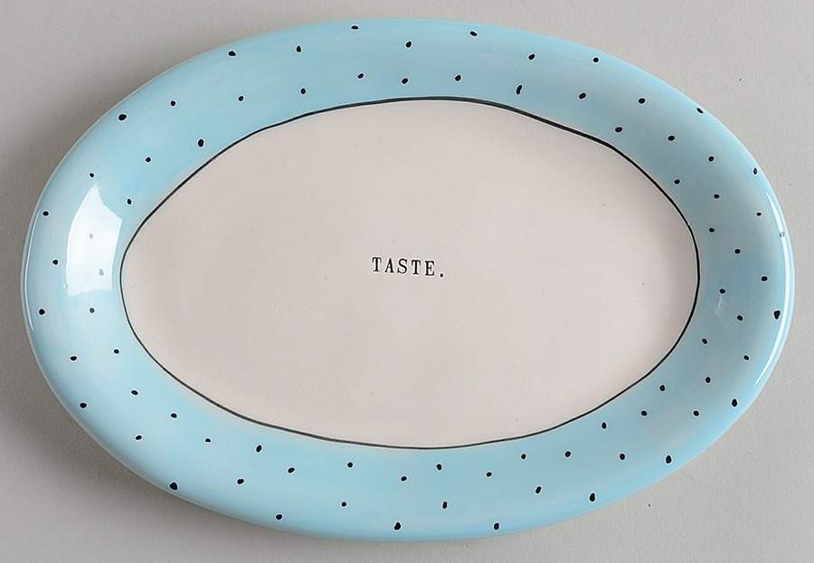 Polka Dot Band and Type Print 8" Oval Plate by Magenta-1
