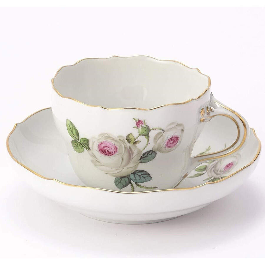 White Rose Flat Cup & Saucer Set by Meissen (Germany)-1