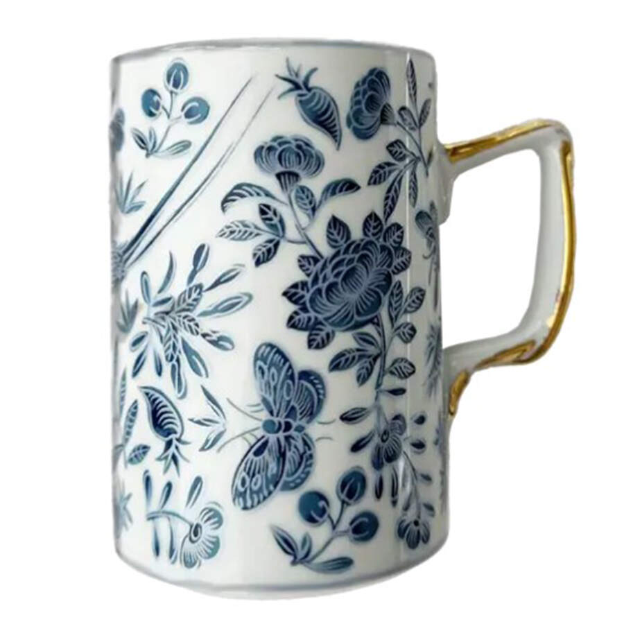 Sacred Bird & Butterfly Blue Mug by Mottahedeh-1