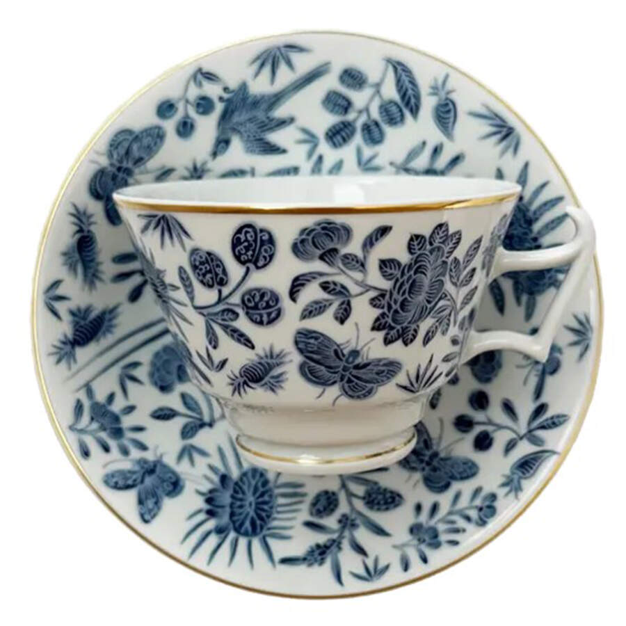 Sacred Bird & Butterfly Blue Footed Cup & Saucer Set by Mottahedeh-1