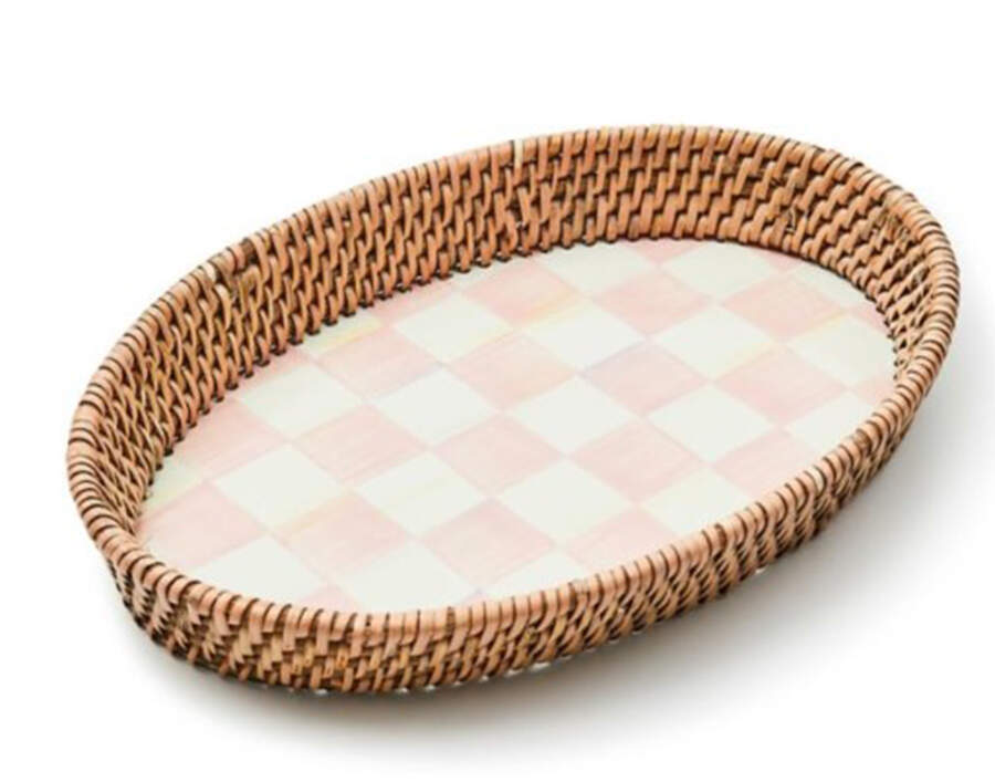 Rosy Check (Enamelware) 11" Oval Metal & Rattan Tray by MacKenzie-Childs-1