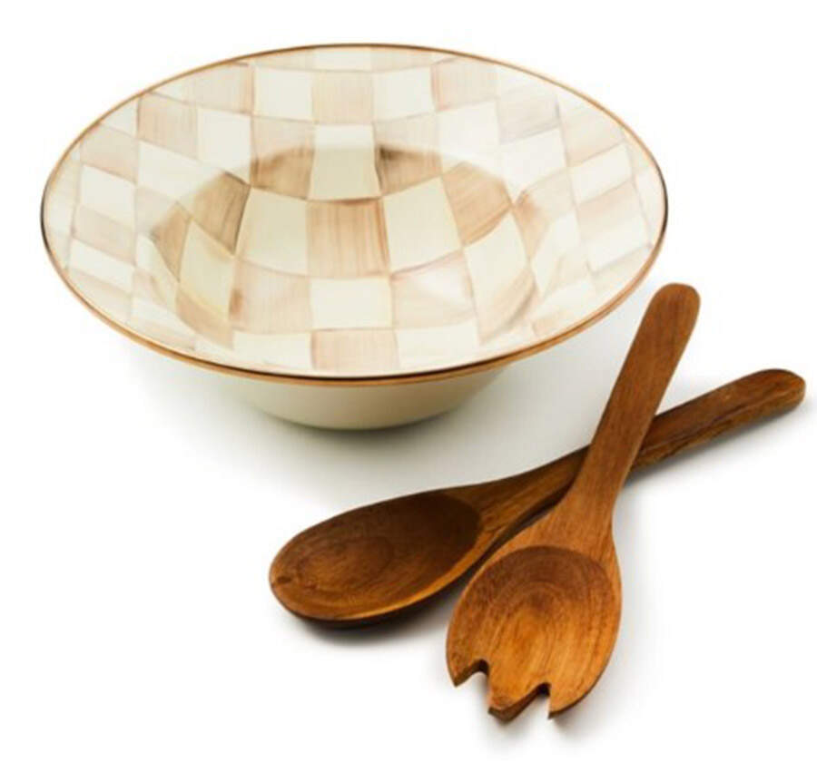 Mocha Check (Enamelware) 12" Salad Bowl & Wood Serving Set by MacKenzie-Childs-1