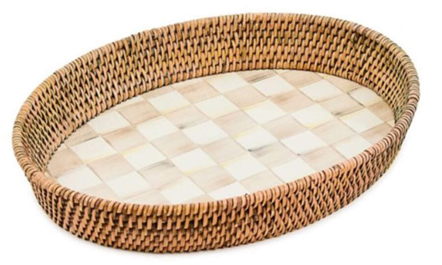 Mocha Check (Enamelware) 15" Oval Rattan Serving Tray by MacKenzie-Childs-1