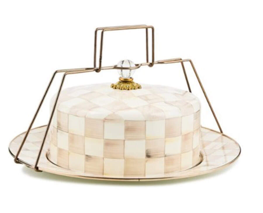 Mocha Check (Enamelware) Metal Cake Safe (16" Chop/Round Platter) & Lid with Carrier Handle by MacKenzie-Childs-1