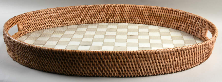 Mocha Check (Enamelware) 25" Oval Metal & Rattan Tray by MacKenzie-Childs-1