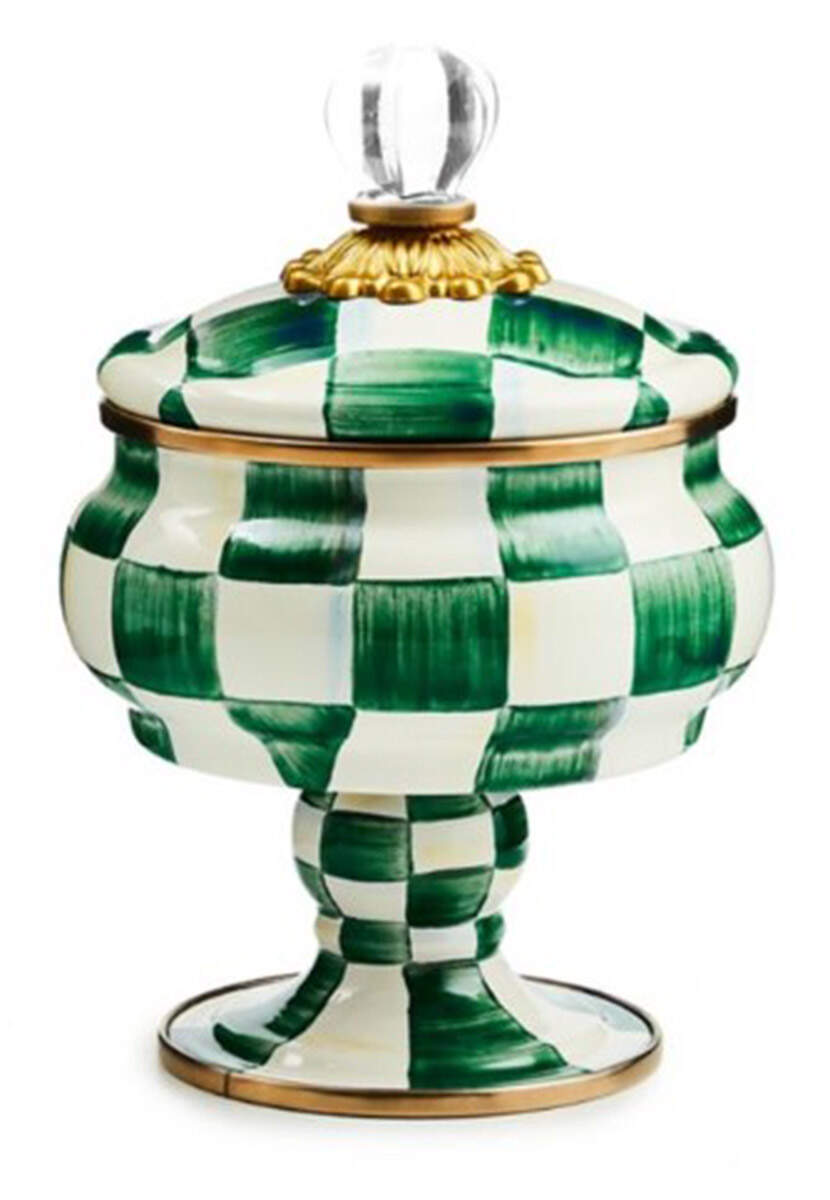 Emerald Check Pedestal Candy Box with Lid by MacKenzie-Childs-1