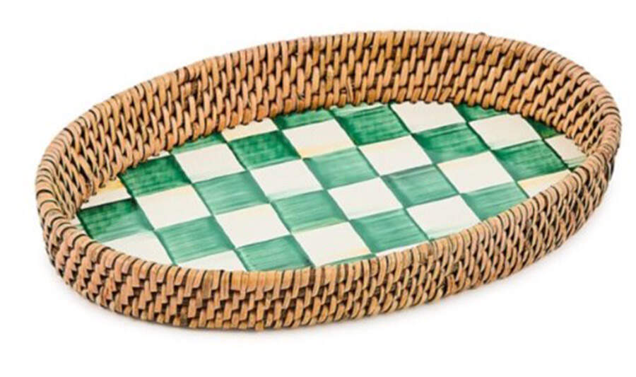 Emerald Check 11" Oval Metal & Rattan Tray by MacKenzie-Childs-1