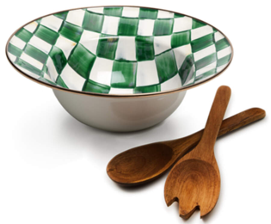 Emerald Check 12" Salad Bowl & Wood Serving Set by MacKenzie-Childs-1