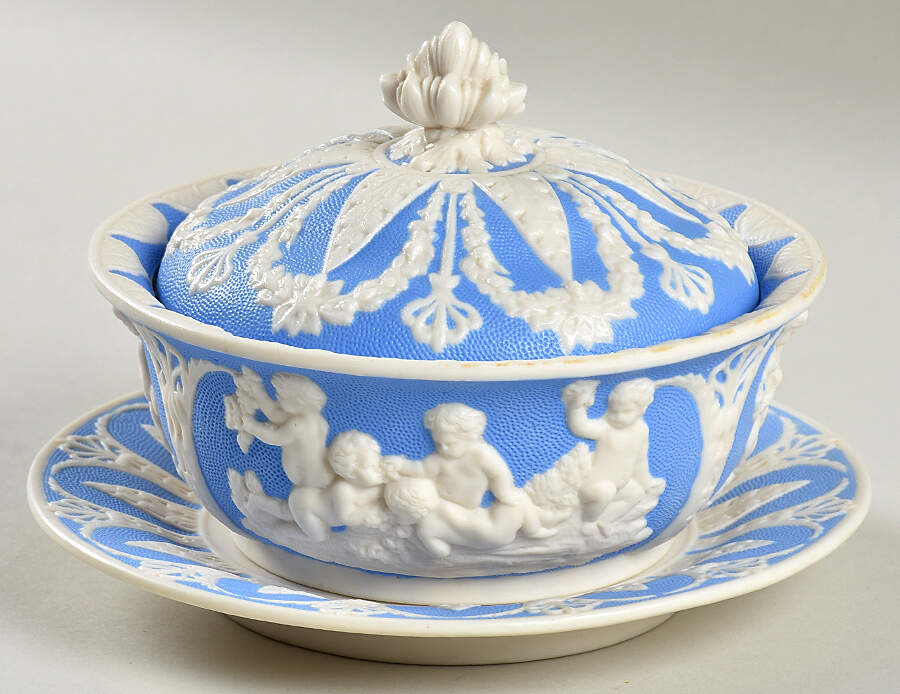 Parian Ware Sauce Boat & Lid & Underplate by T J & J Mayer (England)-1