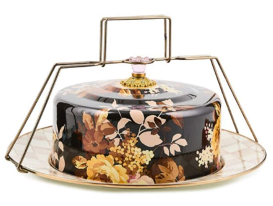 Wild Rose-Brown (Enamelware) Metal Cake Safe (16" Chop/Round Platter) & Lid with Carrier Handle by MacKenzie-Childs-1