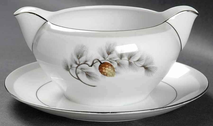 Silver Pine Round Gravy Boat/Attached Underplate by Narumi-1