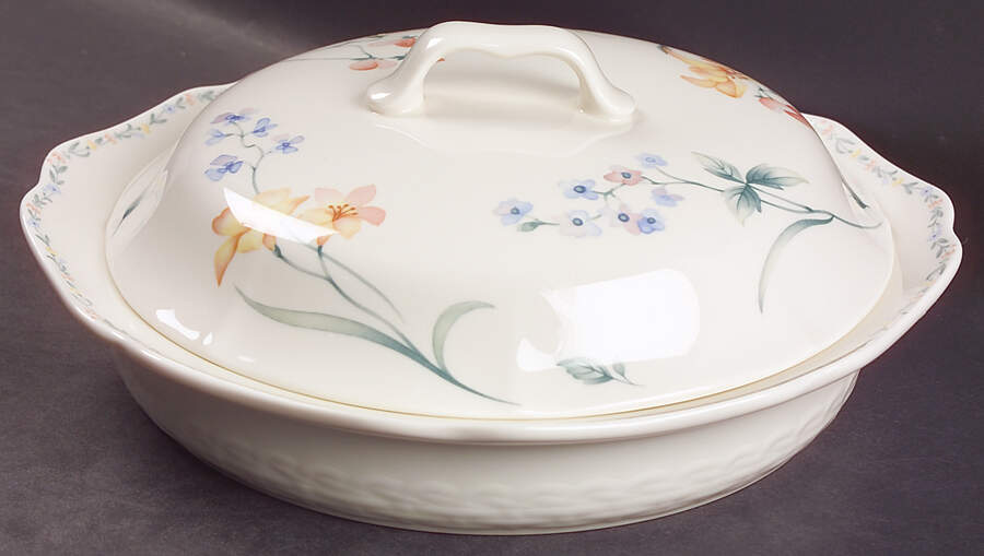 American Flowers 1 Qt Round Shallow Covered Casserole/Pie/Quiche by Noritake-1