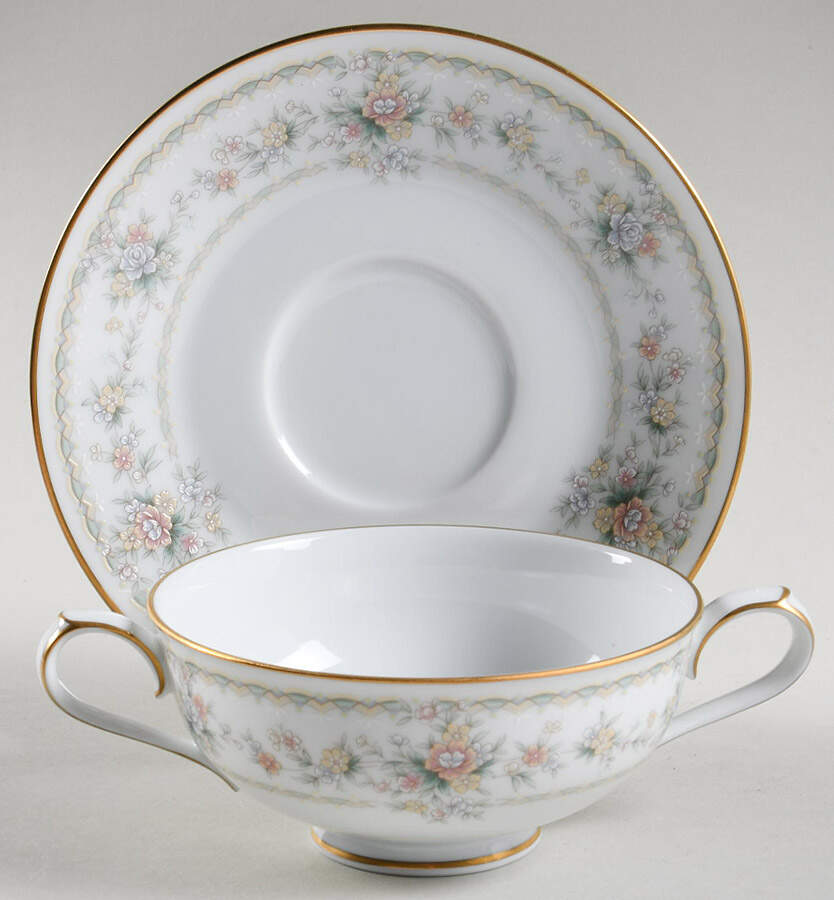 Applique Footed Cream Soup Bowl & Cup Saucer Set by Noritake-1