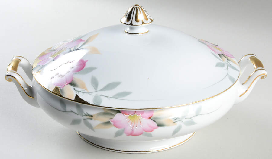 Azalea Round Covered Vegetable with Gold Finial by Noritake-1