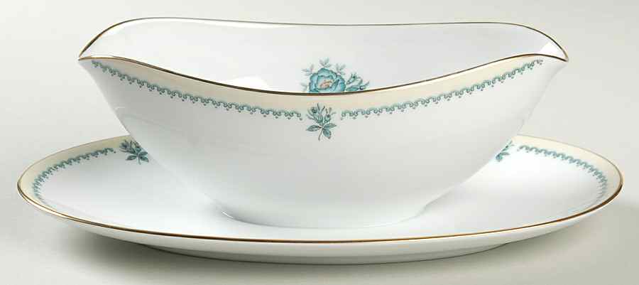 Blue Rose Gravy Boat with Attached Underplate by Noritake-1